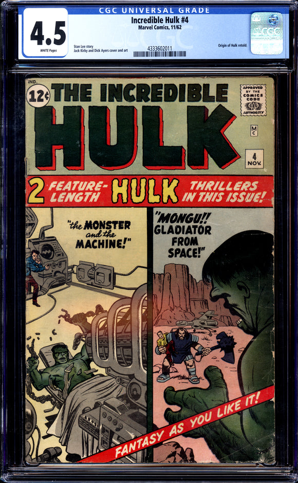Incredible Hulk #4 CGC 4.5 (1962) Origin of the Hulk Retold! Jack Kirby!