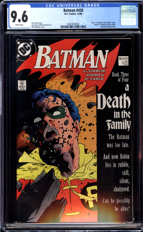 Batman #428 CGC 9.6 (1988) Death in the Family Pt. 3! Death of Jason Todd