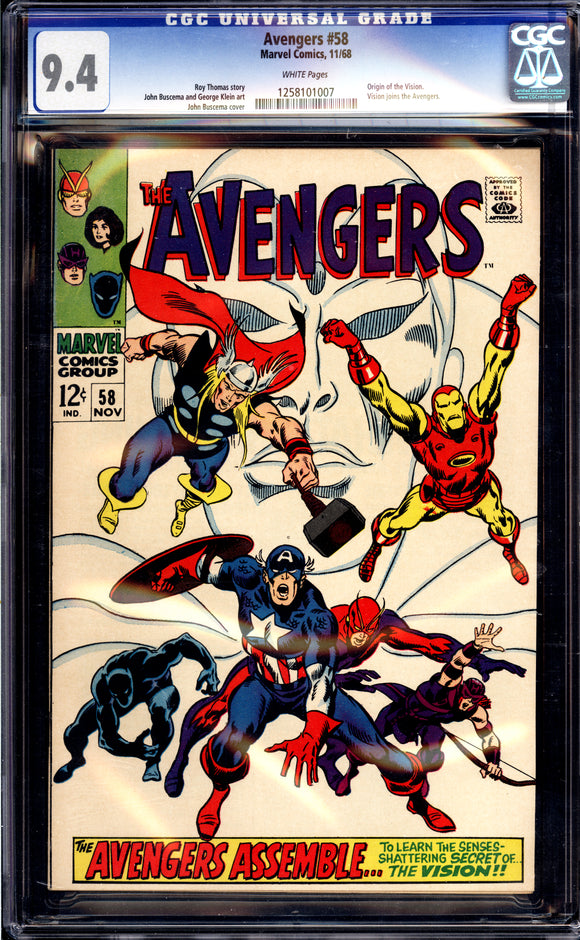 Avengers #58 CGC 9.4 White Pages (1968) Origin of Vision!
