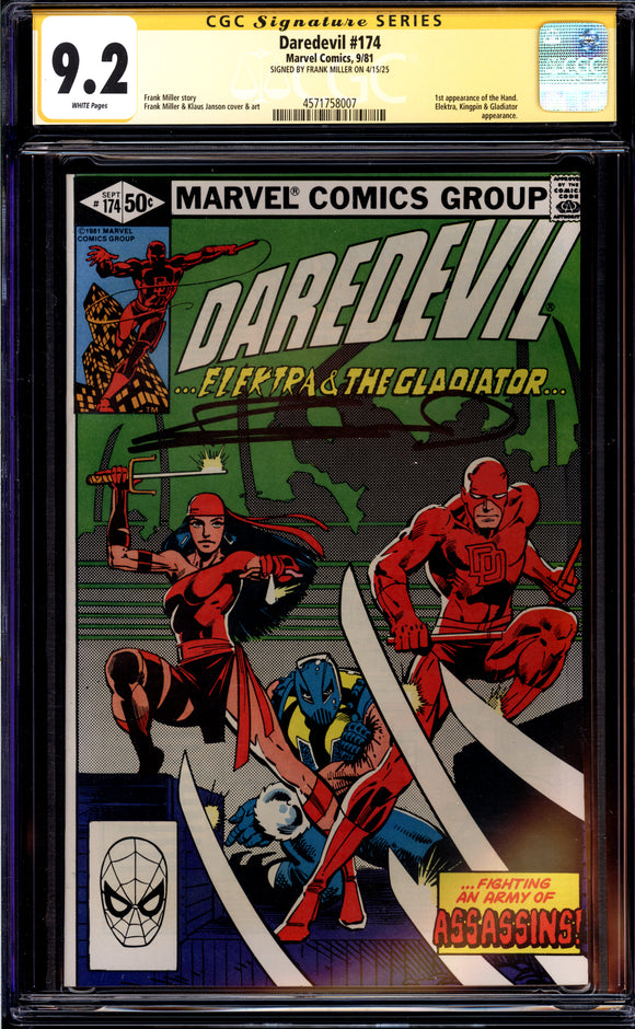 Daredevil #174 CGC 9.2 (1981) Signed by Frank Miller! 1st App. The Hand!