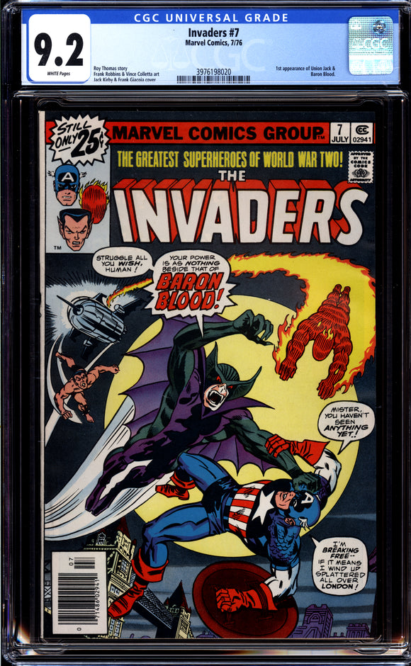 Invaders #7 CGC 9.2 (1976) 1st Appearance of Union Jack & Baron Blood