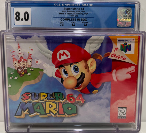 Super Mario 64 N64 Made in Japan, K-A Rating, USA 100% CIB CGC 8.0