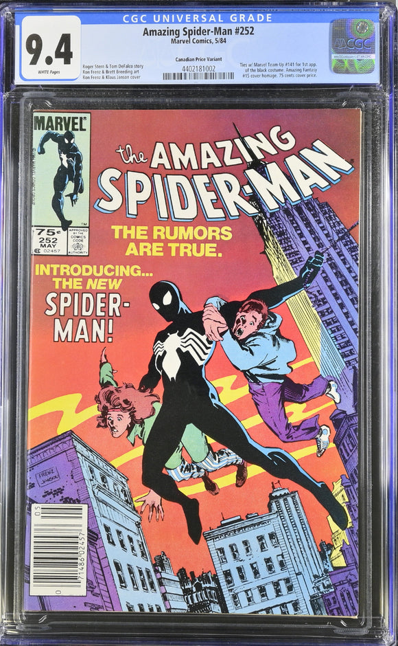 Amazing Spider-Man #252 CGC 9.4 Canadian Price Variant 1st Black Costume!