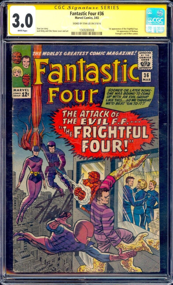 Fantastic Four #36 CGC 3.0 1st Medusa & Frightful Four! Signed by Stan Lee!