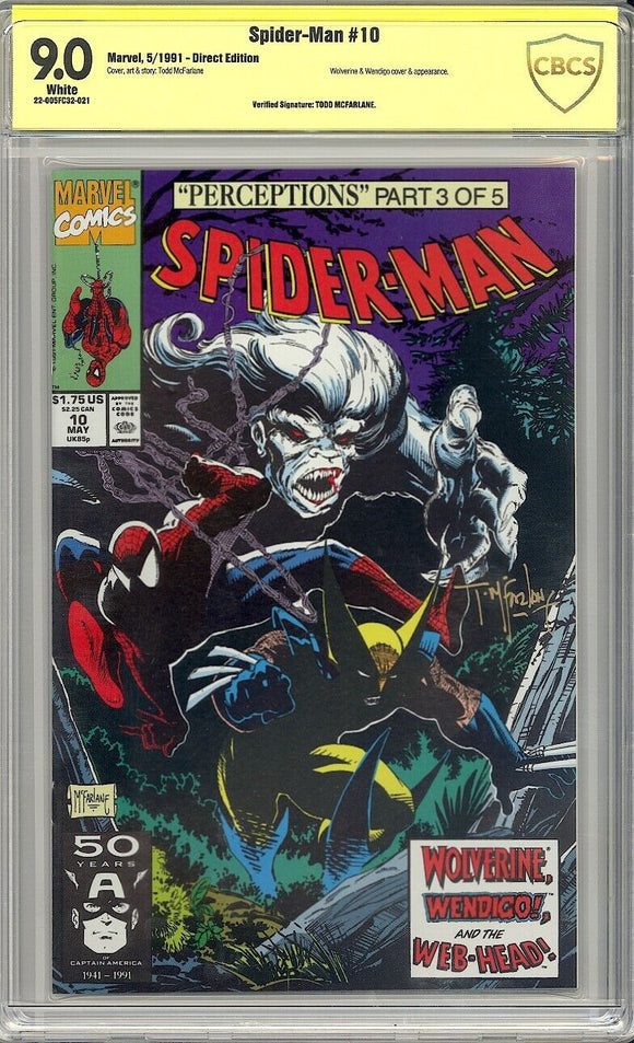 Spider-Man #10 CBCS 9.0 (1991) Signed by Todd McFarlane! Wolverine/Wendigo