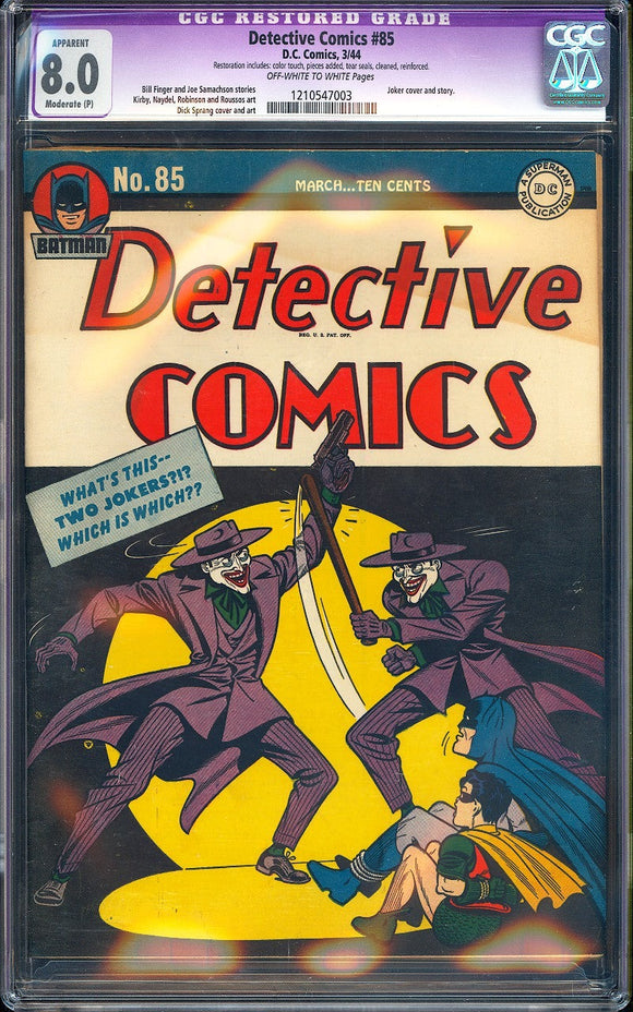 Detective Comics #85 CGC 8.0 (1944) RESTORED Golden Age Joker!
