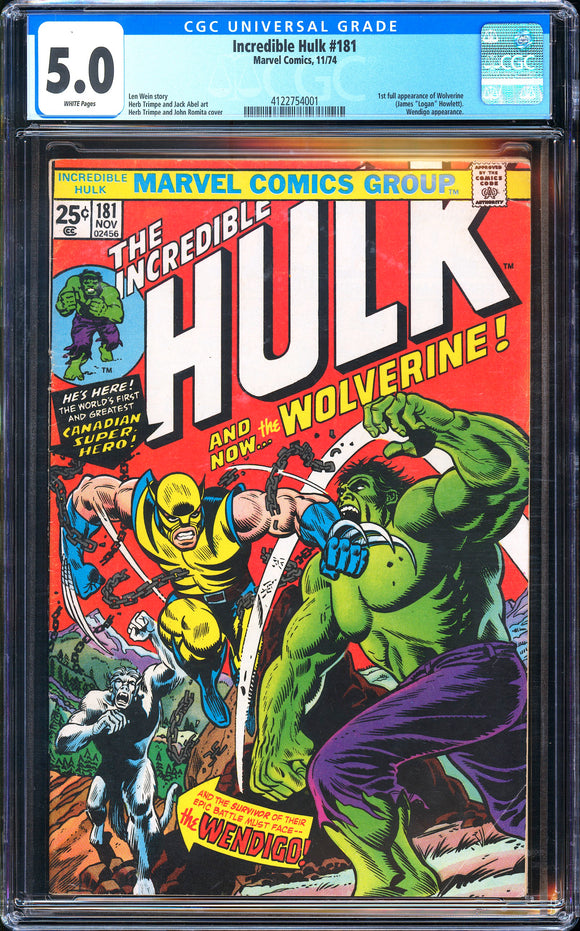 Incredible Hulk #181 CGC 5.0 (1974) 1st Full Appearance of Wolverine!